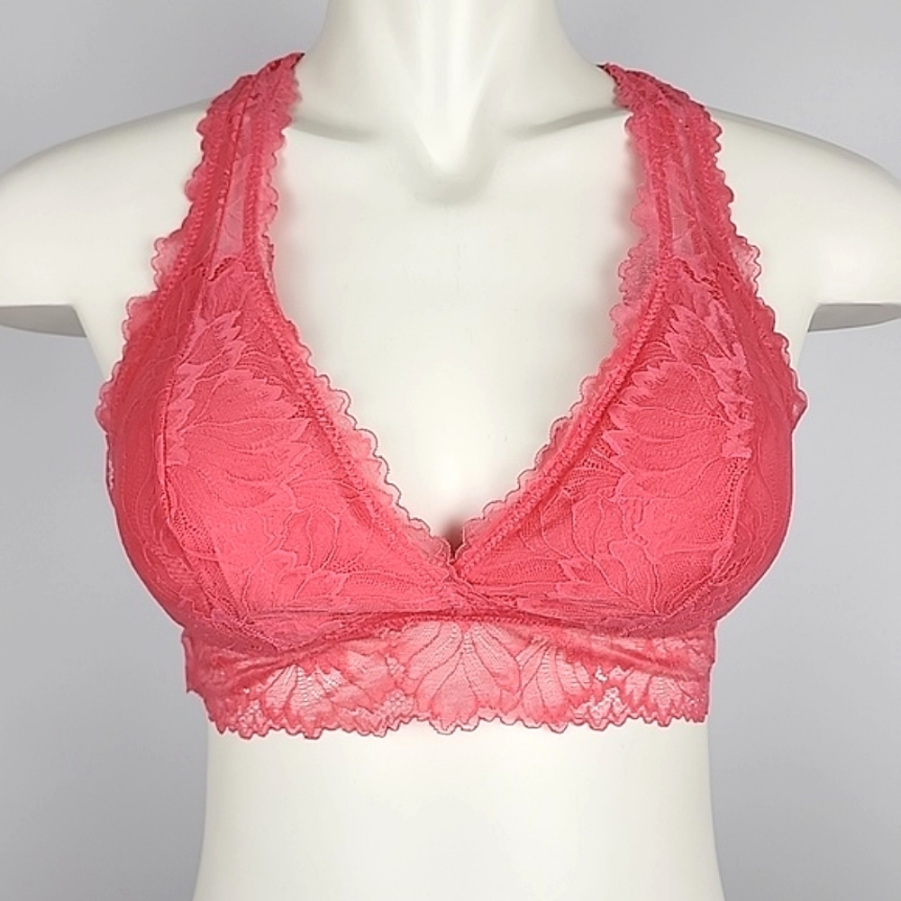 ⭐️3/ $30⭐️ Auden Lightly  Lined Lace Pink Longline Bralette Deep Plunge Sz Med - Picture 2 of 14